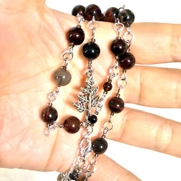 Genuine Dark Brown Agate Necklace, Natural Gemstone & Silver Leaf Branch Pendant - Picture 14 of 14